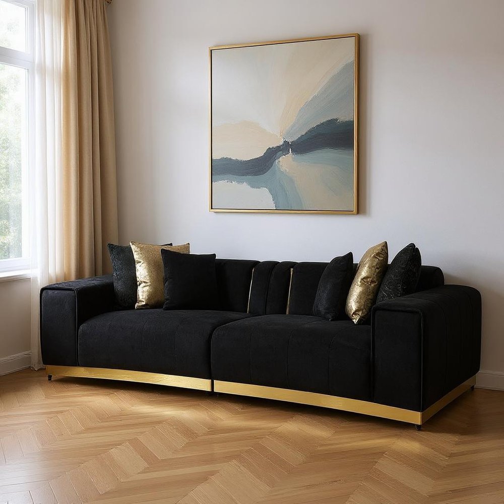 Black Velvet Modular Curved Two Piece Sectional With Toss Pillows
