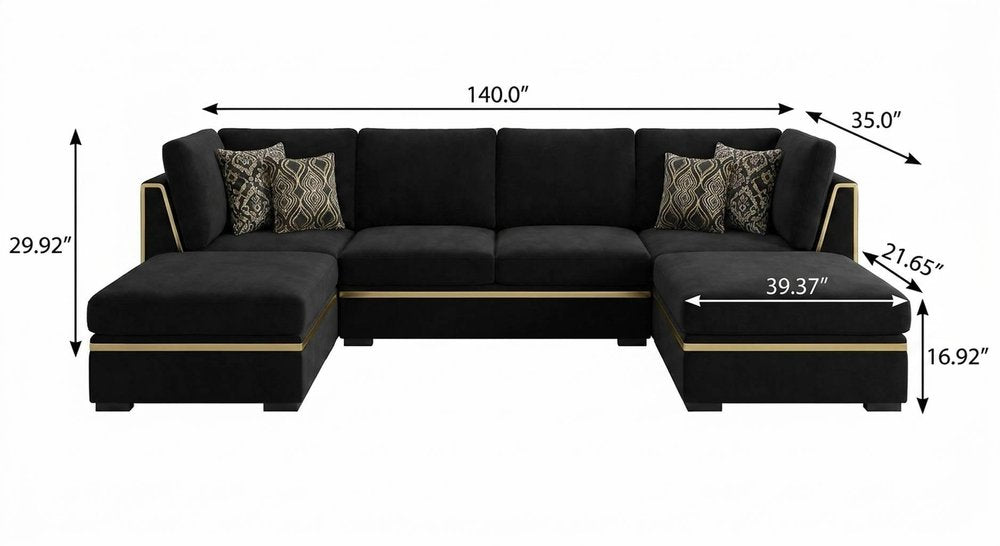 Black Velvet Modular U Shaped Four Piece Sofa and Chaise Sectional With Toss Pillows