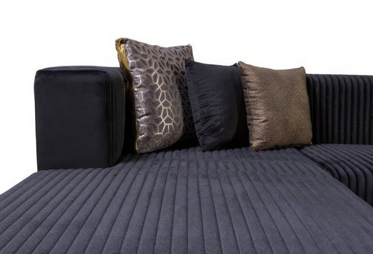 Black Velvet Modular U Shaped Four Piece Sofa and Chaise Sectional With Toss Pillows