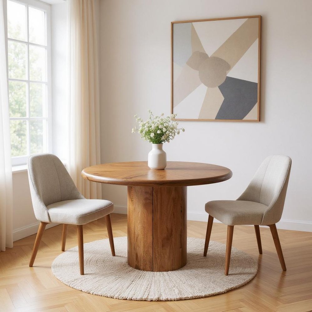 48" Brown Solid Wood Pedestal Base Round Top Dining Table