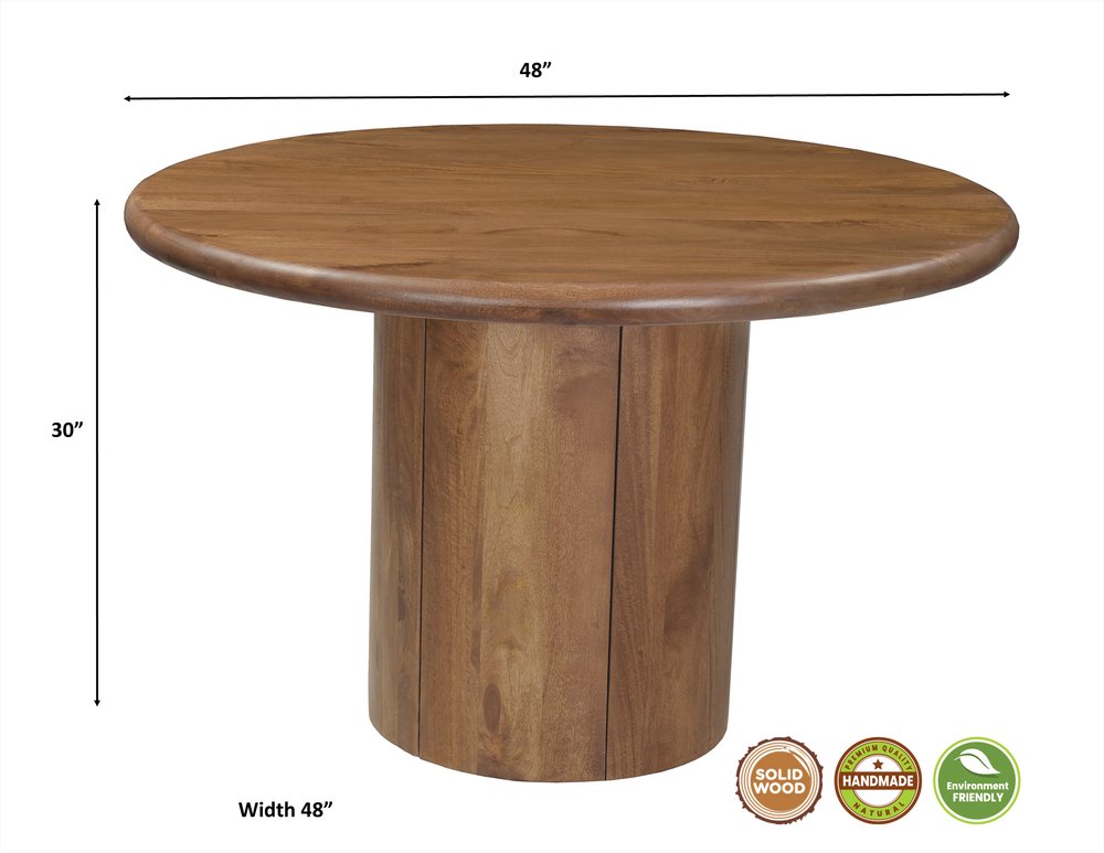 48" Brown Solid Wood Pedestal Base Round Top Dining Table