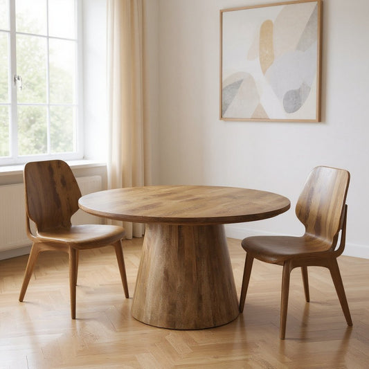 54" Brown Solid Wood Pedestal Base Round Top Dining Table