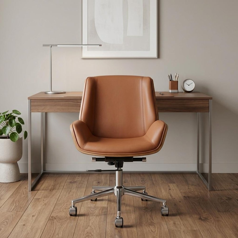 Brown Rosewood and Silver Adjustable Height Swivel Rolling Conference Office Chair