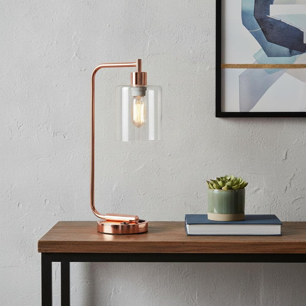 19" Rose Gold Iron Lantern USB Table Lamp With Clear Cylinder Shade