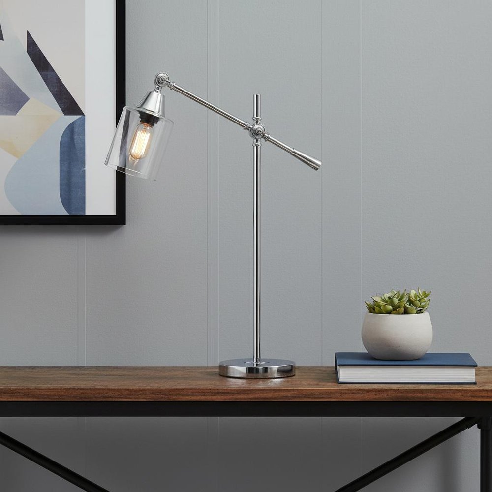 28" Silver Metal Table Lamp With Clear Cylinder Shade