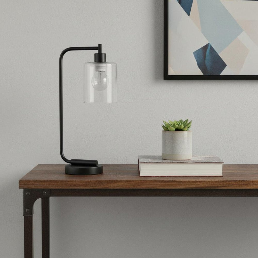 19" Black Iron Lantern Table Lamp LED With Clear Cylinder Shade