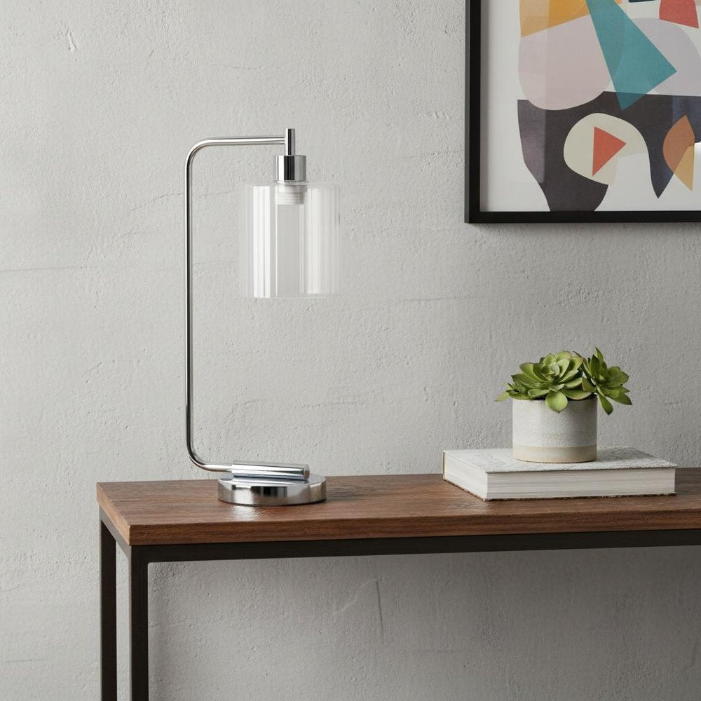 19" Silver Iron Lantern Table Lamp LED With Clear Cylinder Shade