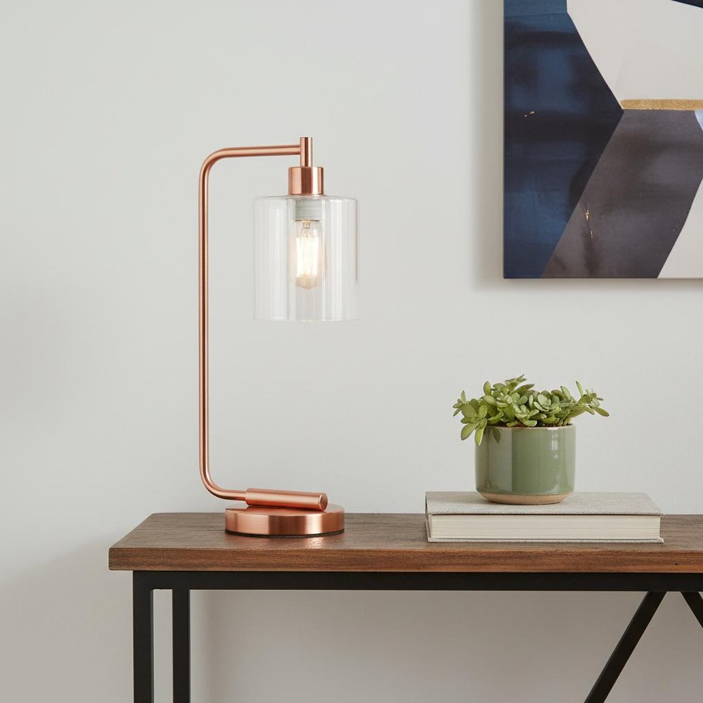19" Rose Gold Metal Lantern Table Lamp With Clear Cylinder Shade