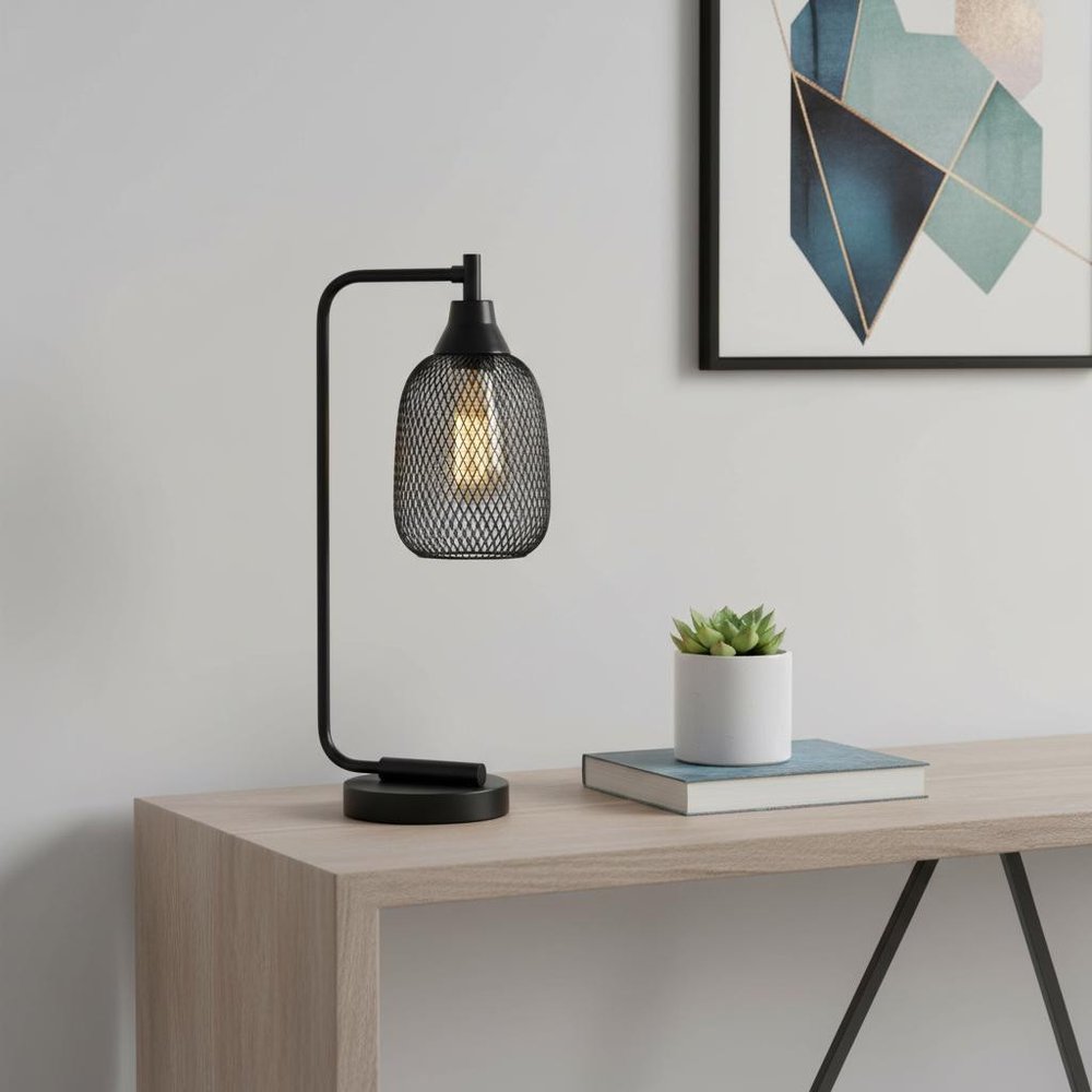 19" Black Metal Lantern Table Lamp With Black Globe Shade