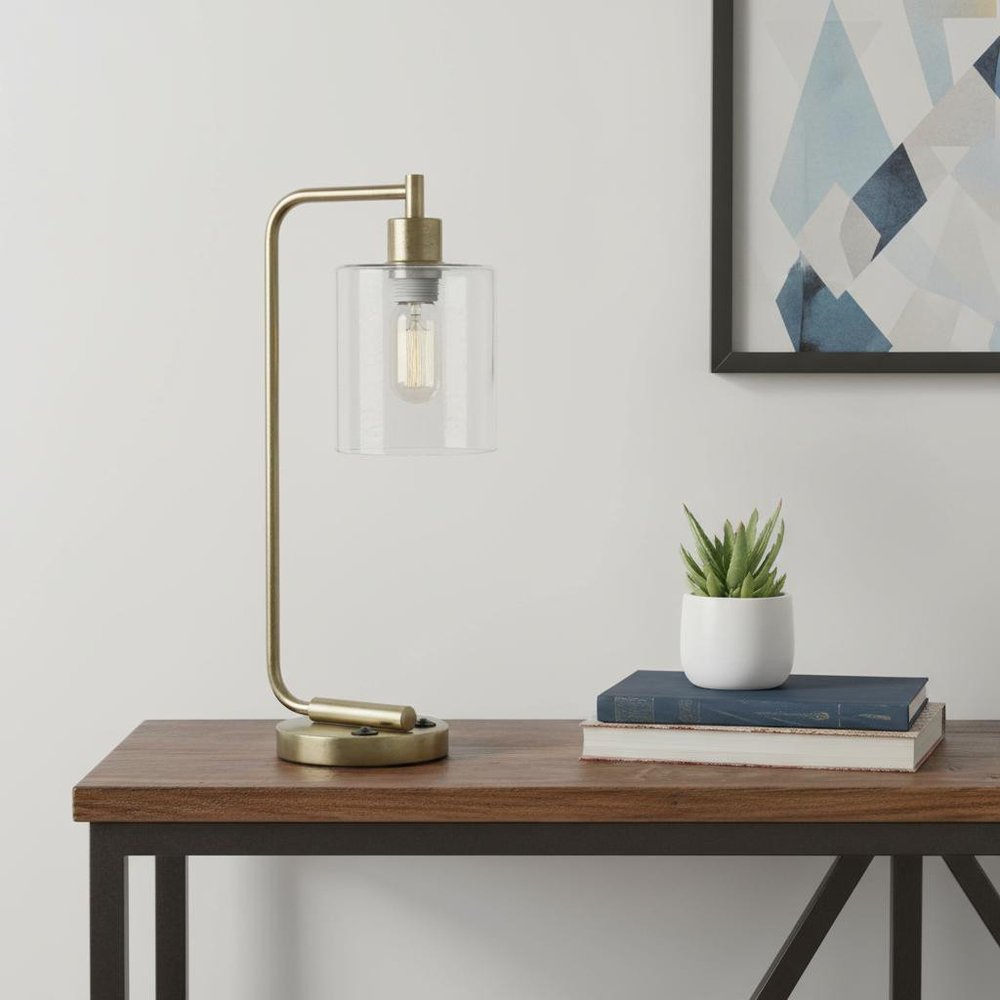 19" Antiqued Brass Metal Lantern USB Table Lamp With Clear Cylinder Shade