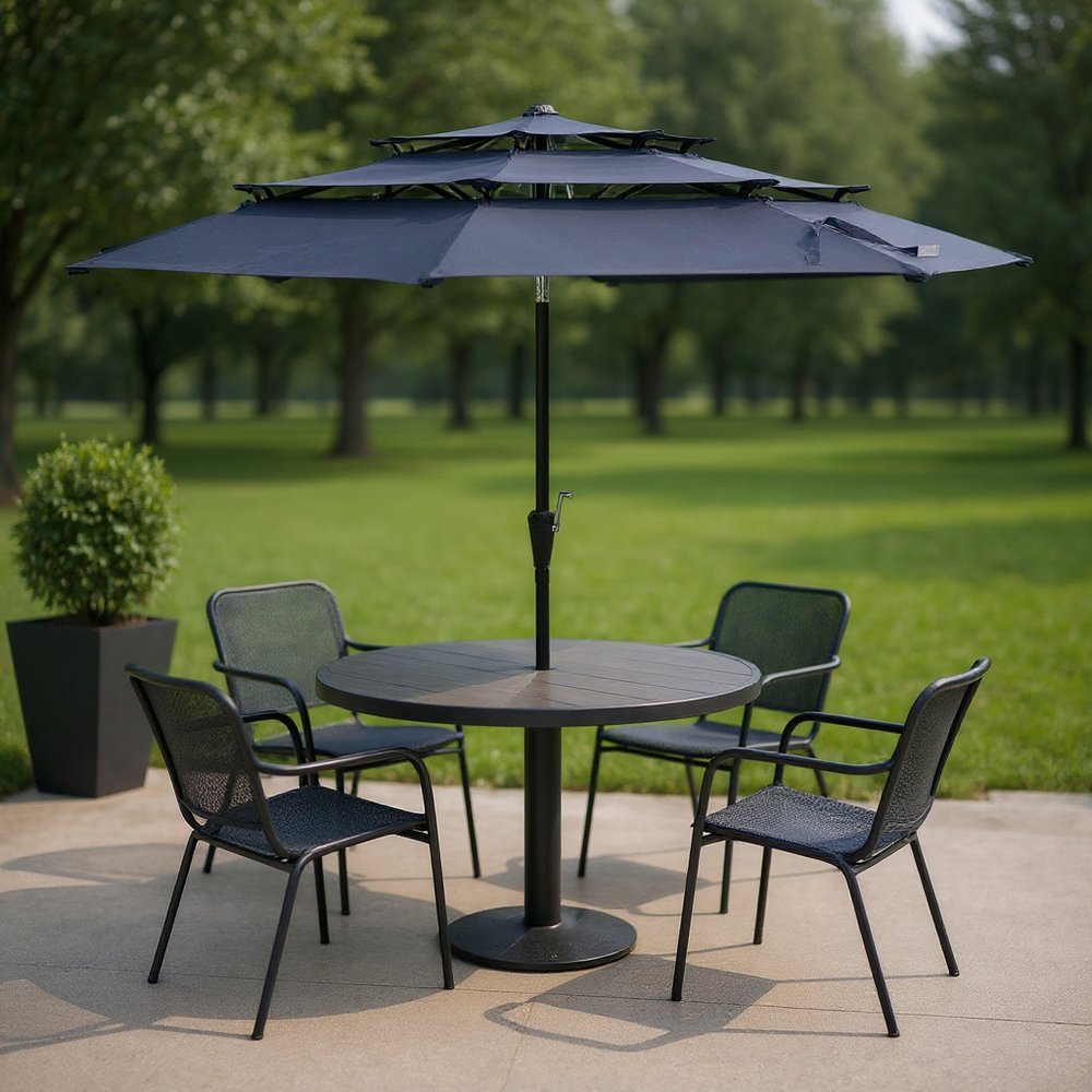 96" Dark Blue Polyester Octagonal Tilt Lighted Market Patio Umbrella