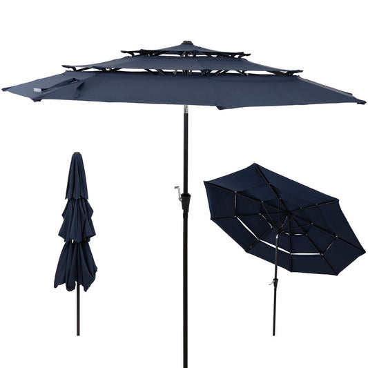 10' Dark Blue Polyester Octagonal Tilt Lighted Market Patio Umbrella