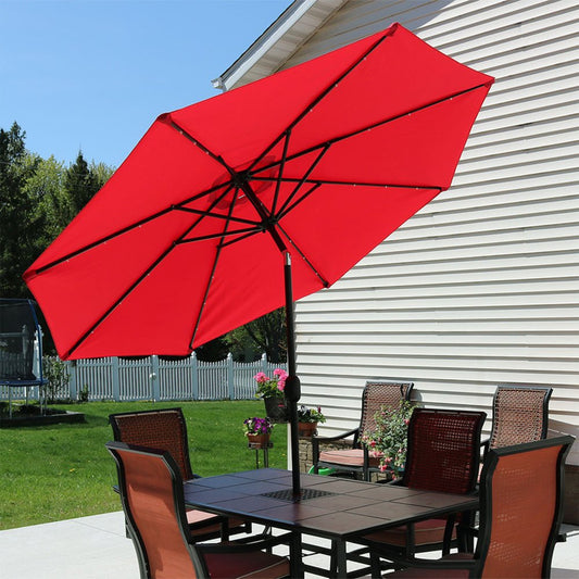 96" Red Polyester Octagonal Tilt Lighted Market Patio Umbrella
