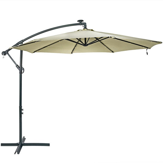 95" White Polyester Octagonal Tilt Lighted Market Patio Umbrella with Stand