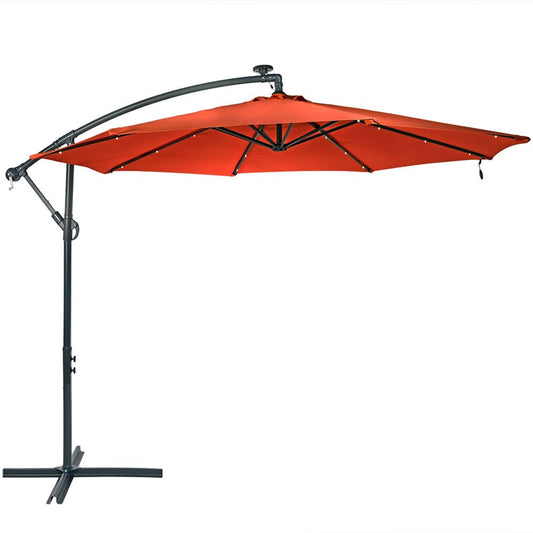 95" Dark Orange Polyester Octagonal Tilt Lighted Market Patio Umbrella with Stand