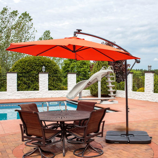 95" Dark Orange Polyester Octagonal Tilt Lighted Market Patio Umbrella with Stand
