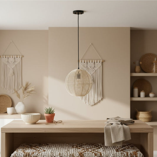 Natural And Black Rattan Ceiling Light With Natural Shades