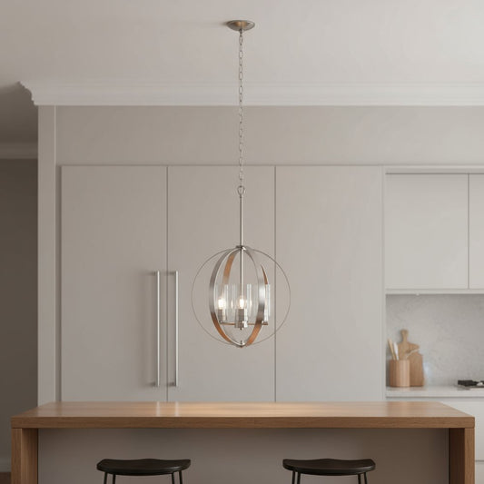 Nickel And Clear Sphere Three Light Iron Ceiling Light With Nickel Shades