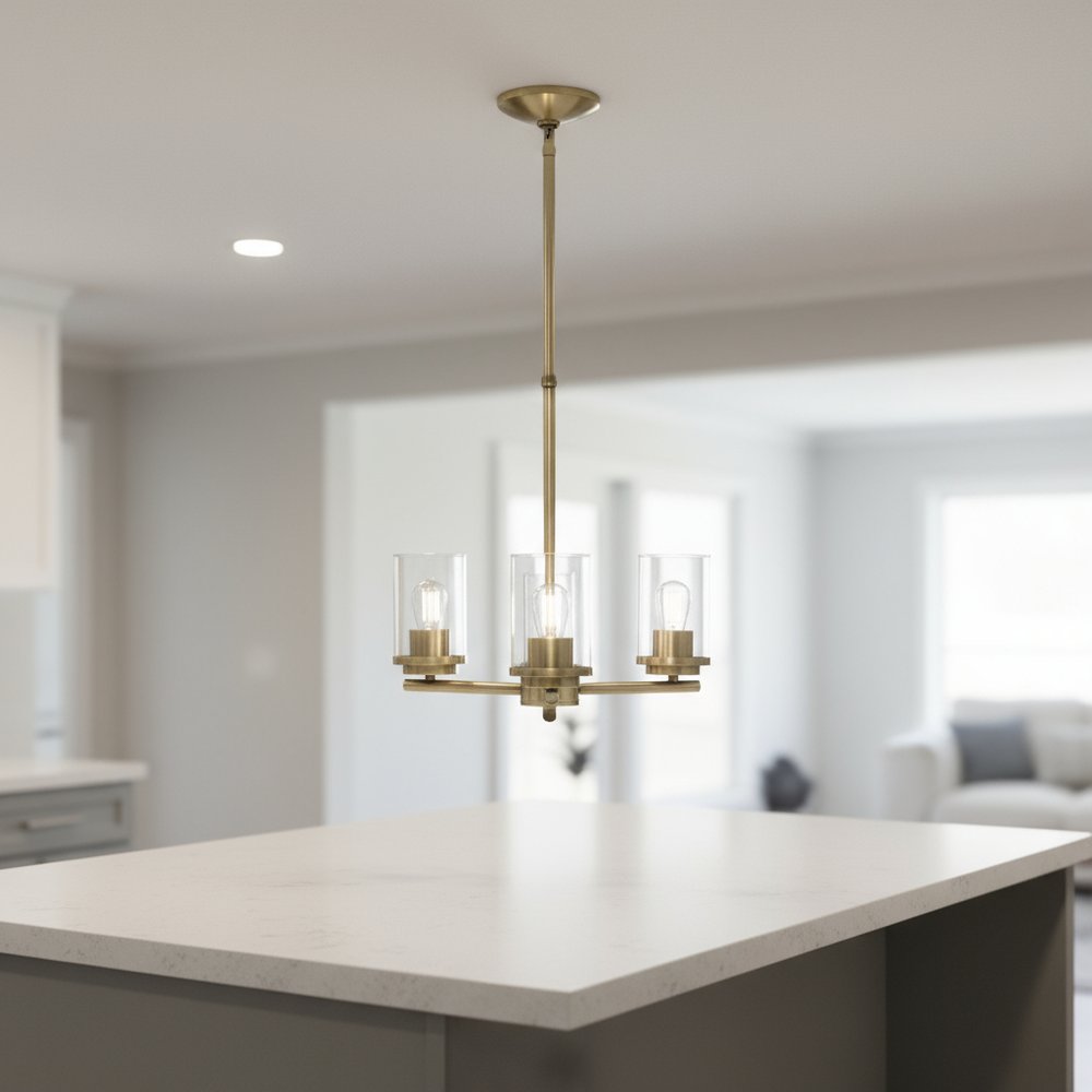 Antiqued Brass And Clear Chandelier Three Light Iron Ceiling Light With Clear Shades