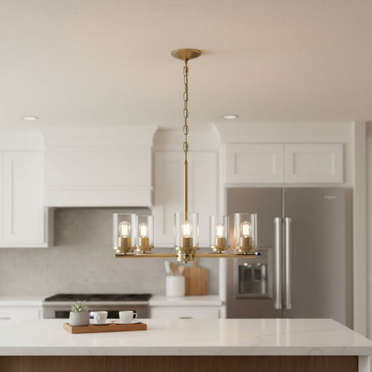 Antiqued Brass And Clear Chandelier Five Light Iron Ceiling Light With Clear Shades