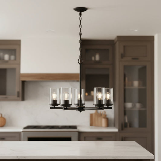 Bronze And Clear Chandelier Five Light Iron Ceiling Light With Clear Shades