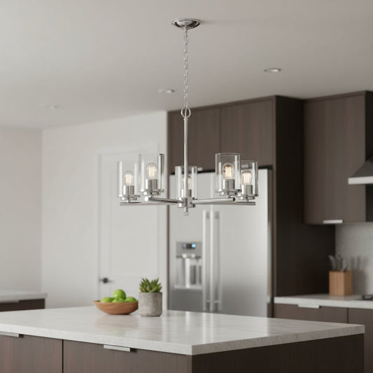 Silver And Clear Chandelier Five Light Iron Ceiling Light With Clear Shades