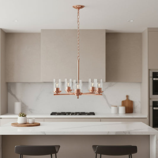 Rose Gold And Clear Chandelier Five Light Iron Ceiling Light With Clear Shades