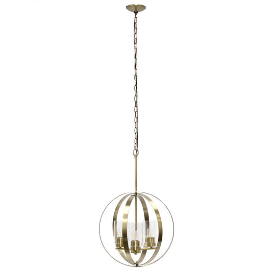 Antiqued Brass And Clear Sphere Three Light Iron Ceiling Light With Antiqued Brass And Clear Shades