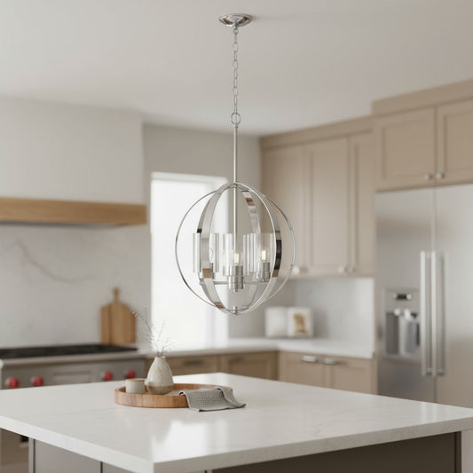 Silver And Clear Sphere Three Light Iron Ceiling Light With Silver And Clear Shades