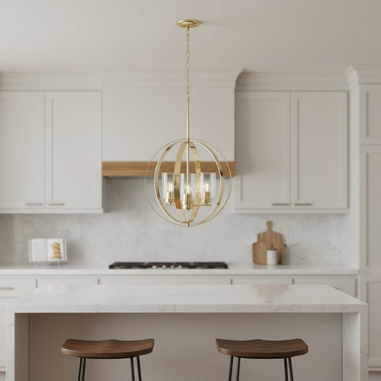 Gold And Clear Sphere Three Light Iron Ceiling Light With Clear Shades