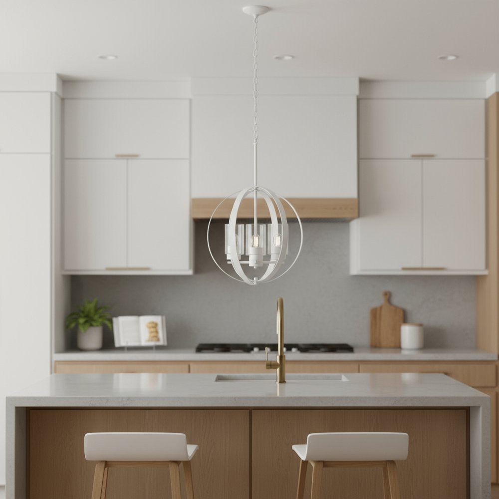 White And Clear Sphere Three Light Iron Ceiling Light With Clear Shades