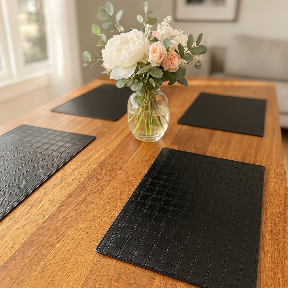 18" Set of Four Black Basketweave Faux Leather Placemats