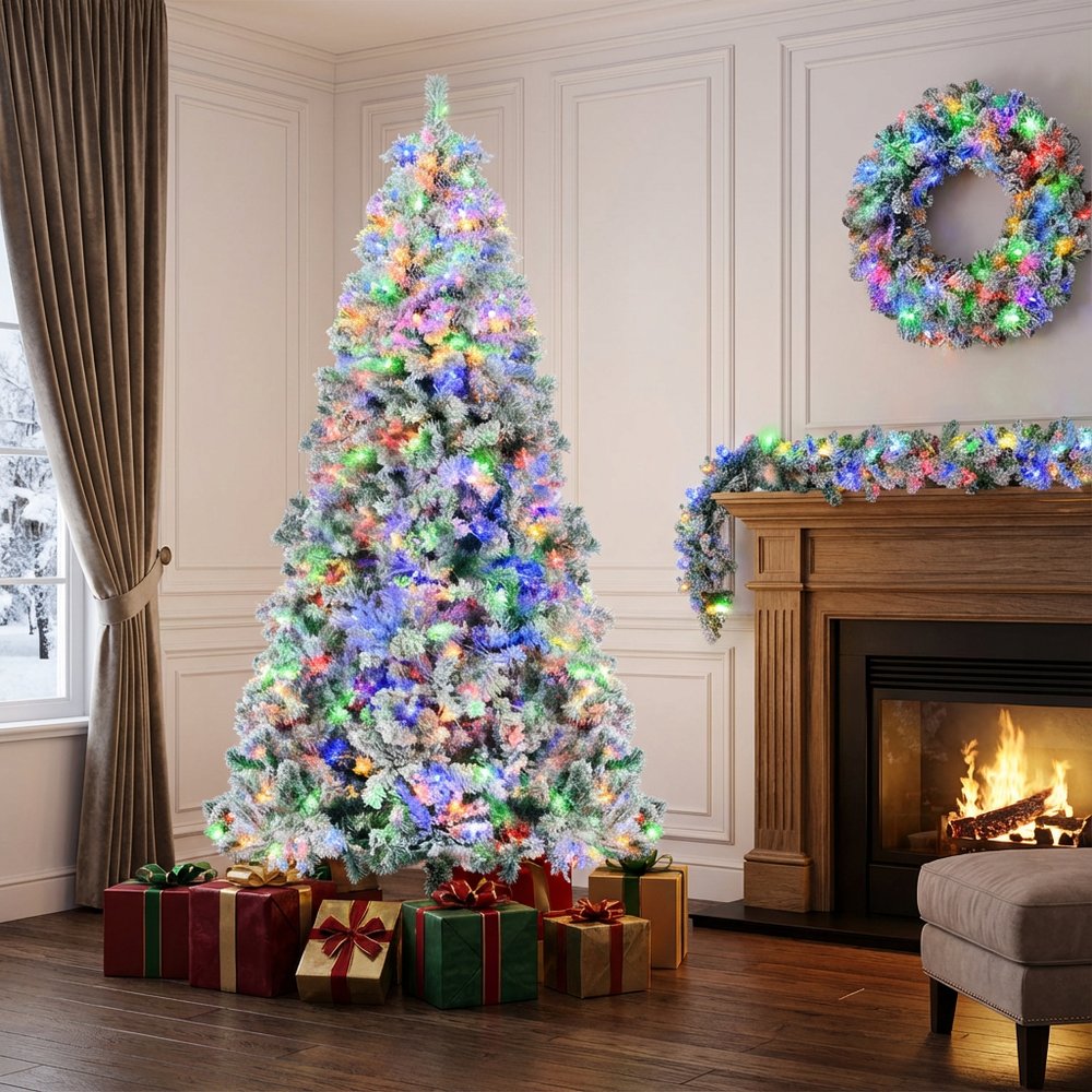 Three Piece Pre Lit Extra Full Frosted Pine Christmas Tree With Garland And Wreath Set