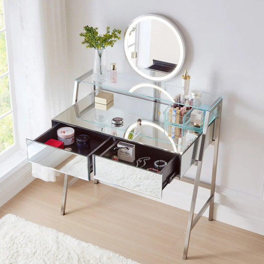 34" Silver Mirrored Glass and Stainless Steel Two Drawer Vanity Table With Mirror And Lights