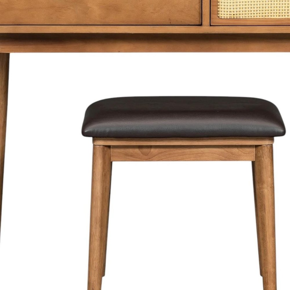 48" Brown Wood Three Drawer Vanity Table With Mirror And Seating