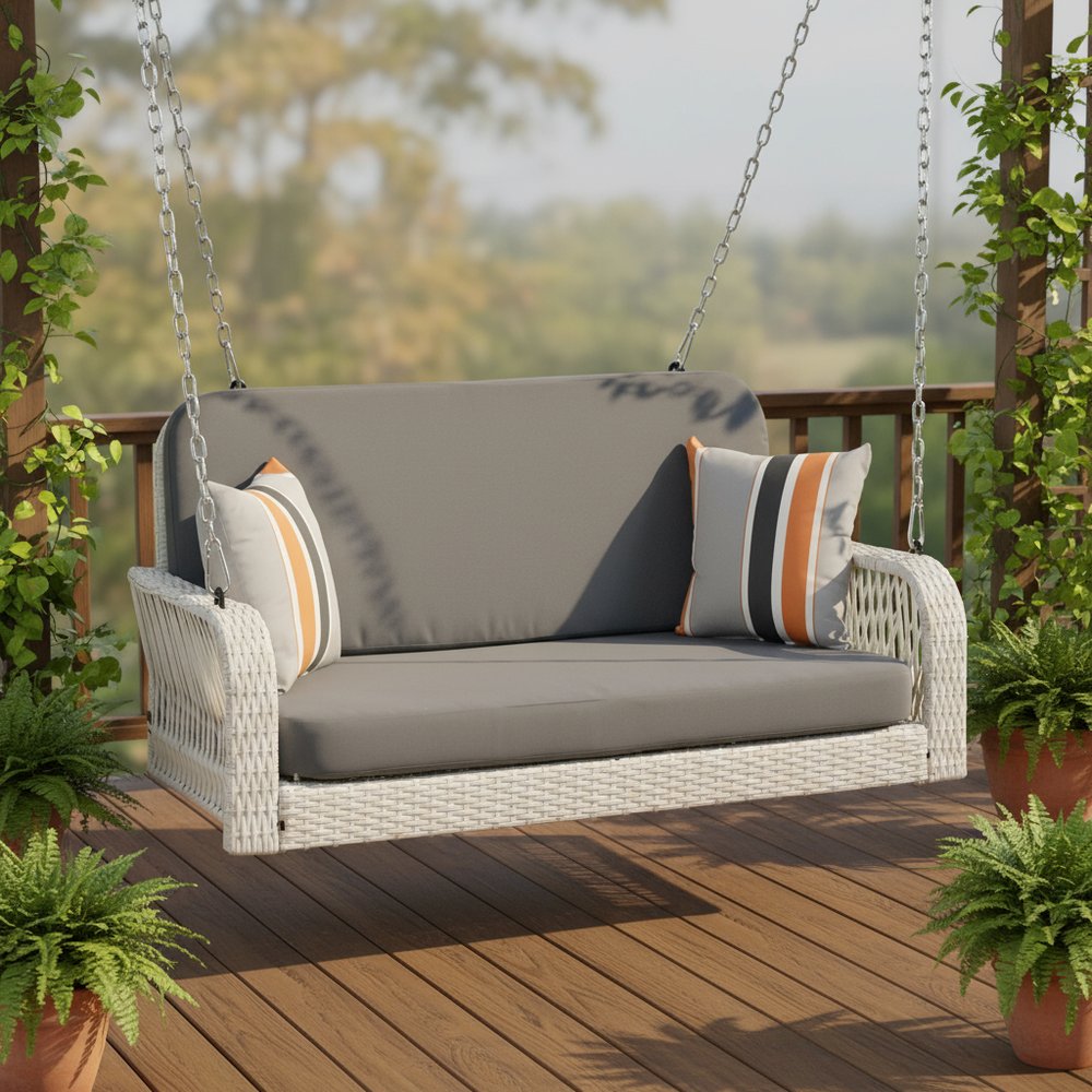 49" White Woven Rattan Outdoor Hanging Swing Chair with Gray Cushions