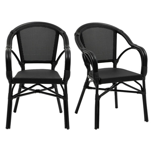 Set of Two Black Textured Mesh Sling And Aluminum Outdoor Stacking Arm Chairs