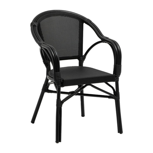 Set of Two Black Textured Mesh Sling And Aluminum Outdoor Stacking Arm Chairs