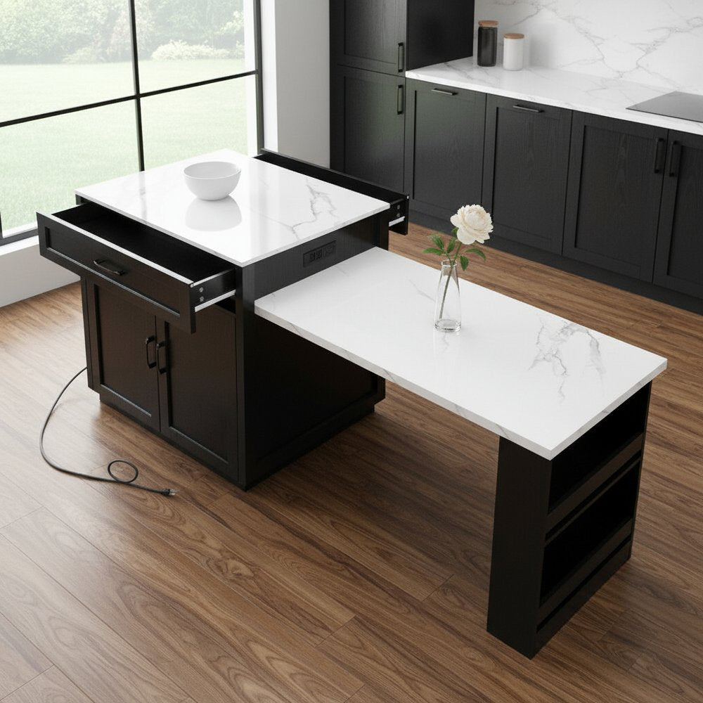 55" White and Black Wood Barn Door Rolling Kitchen Island With Storage With USB