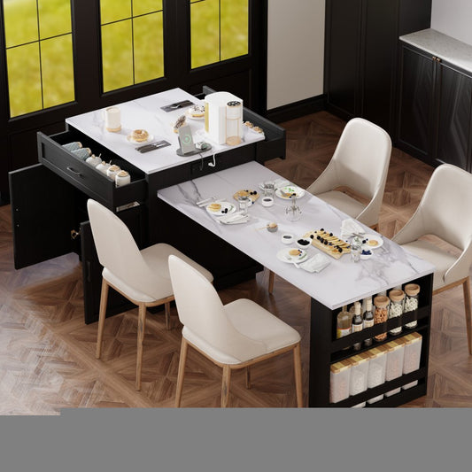 55" White and Black Wood Barn Door Rolling Kitchen Island With Storage With USB