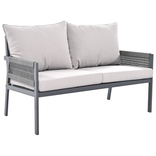 Four Piece Gray Metal Upholstered Cushions Sofa Seating Group With Table
