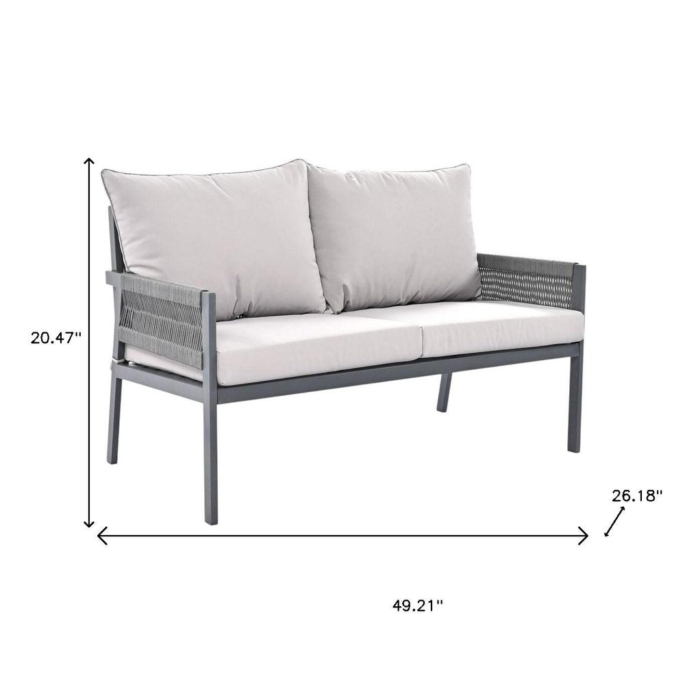Four Piece Gray Metal Upholstered Cushions Sofa Seating Group With Table