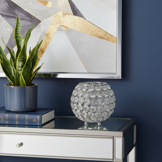 6" Clear And Silver Faux Crystal And Metal Round Table Vase