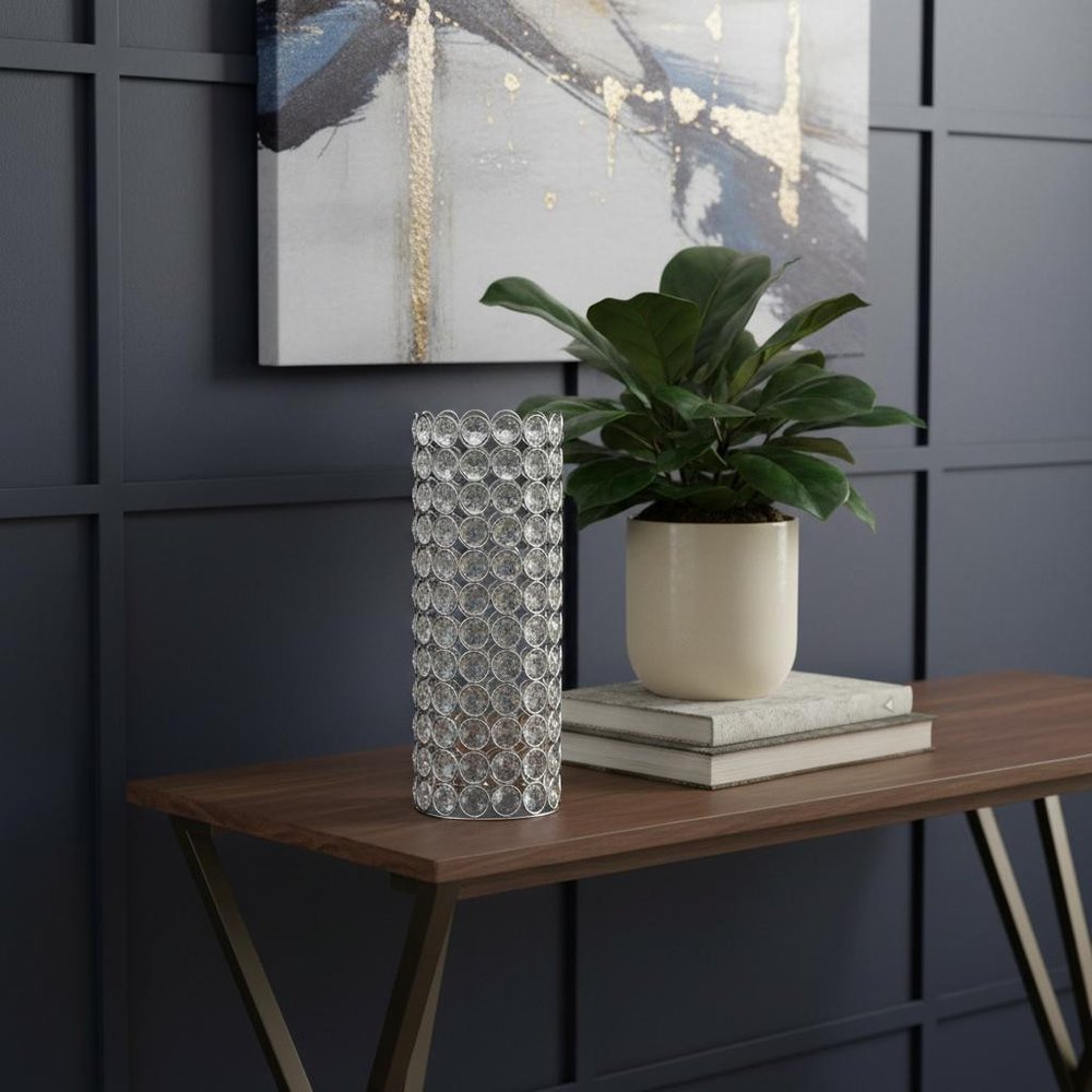 11" Silver And Clear Clear Crystal Cylinder Table Vase With Crystals