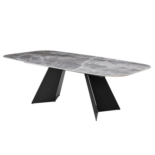 94" Gray and Black Faux Marble Ceramic and Steel Double Pedestal Base Dining Table
