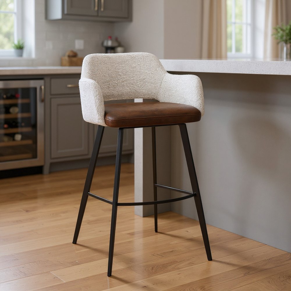 30" Ivory Brown And Black Boucle Faux Leather And Steel Bar Height Swivel Bar Chair