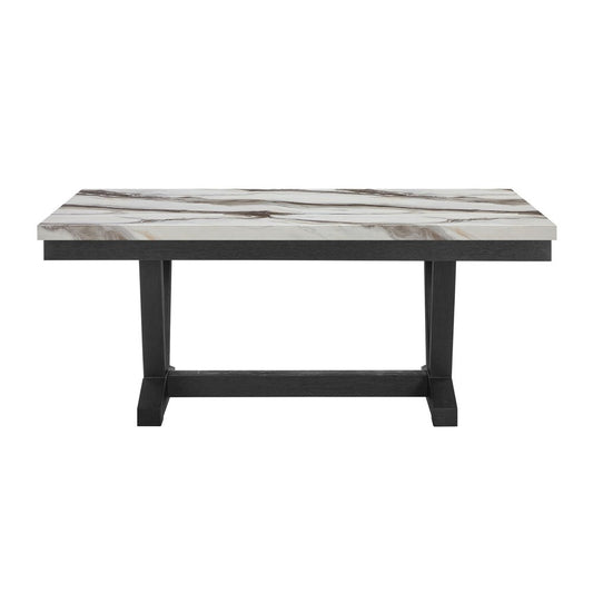 72" White and Black Faux Marble and Wood Trestle Base Dining Table