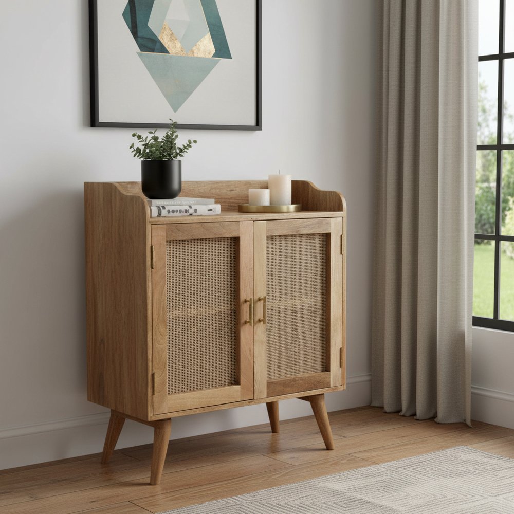 35" Brown Distressed Solid Wood Inlaid Rattan Accent Cabinet With Two Doors