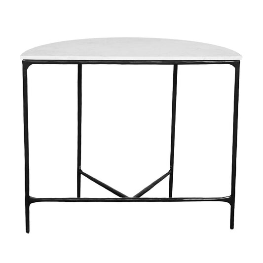 36" White and Black Genuine Marble and Iron Half Moon Console Table