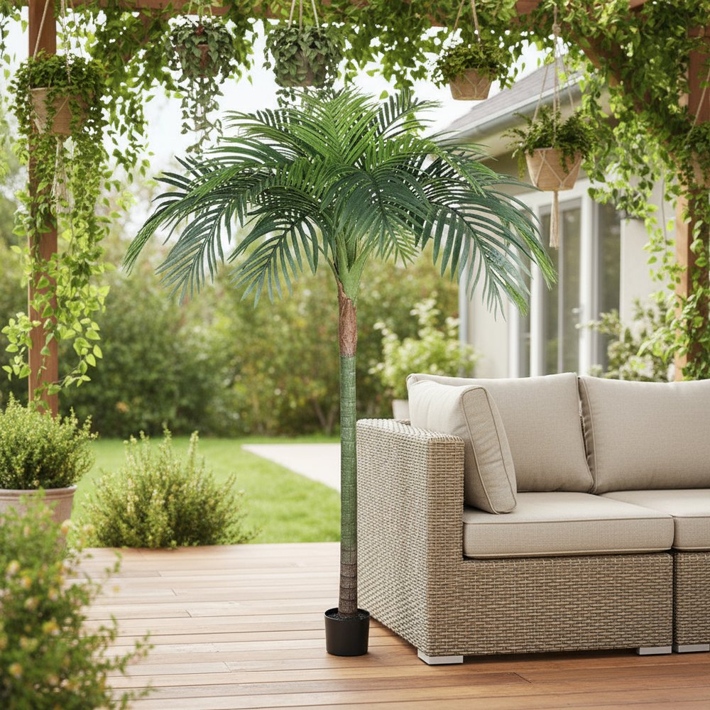 7" Green Artificial Palm In Cylindrical Black Cement Pot